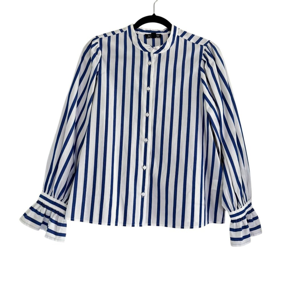 J.Crew Blue White Striped Ruffle Cuff Blouse Cotton Button Up Top Size S